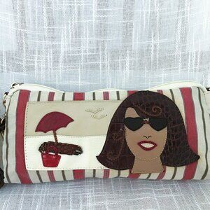 Brighton Purse Handbag Striped Print Beach Scene Canvas and Leather Bag